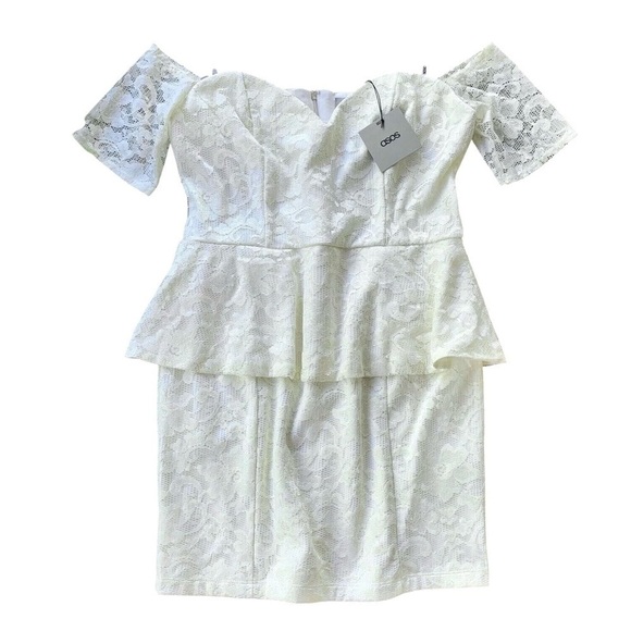 ASOS Lace Peplum Off-Shoulder Cocktail Bridal Dress Cream Ivory Size US 12 - Picture 6 of 6